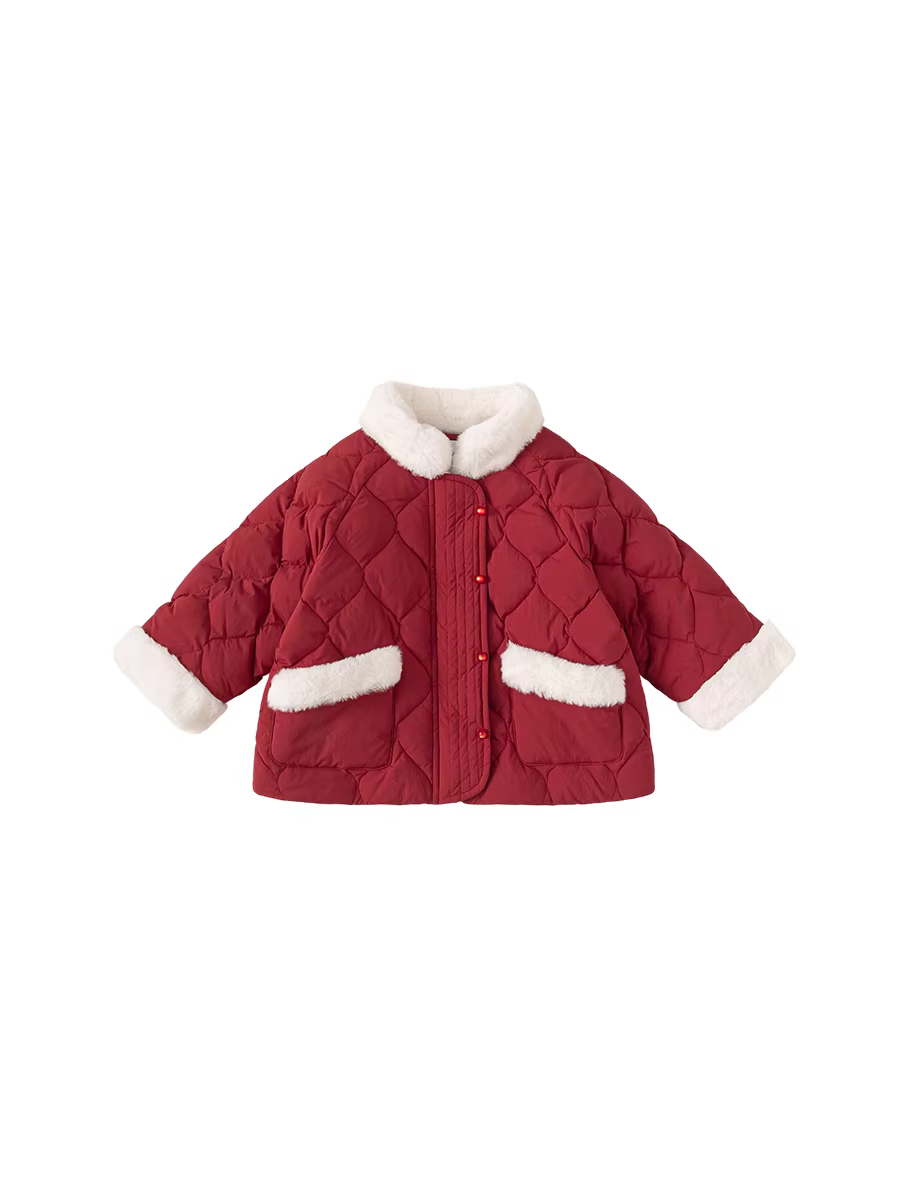 Áo khoác phao INSbobo cho bé gái mùa đông 2025, dày dặn ấm áp, cổ lông thú, thời trang mùa đông cho bé gái