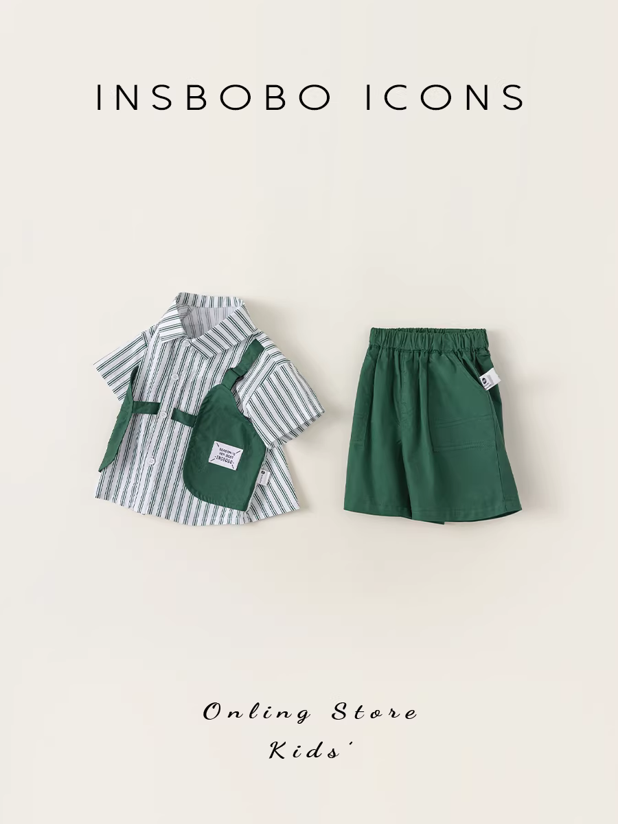 Bộ đồ bé trai INSbobo mùa hè 2025, trang phục thời trang, quần áo trẻ em hợp xu hướng, áo sơ mi trẻ em hai mảnh, phong cách thời trang thường ngày