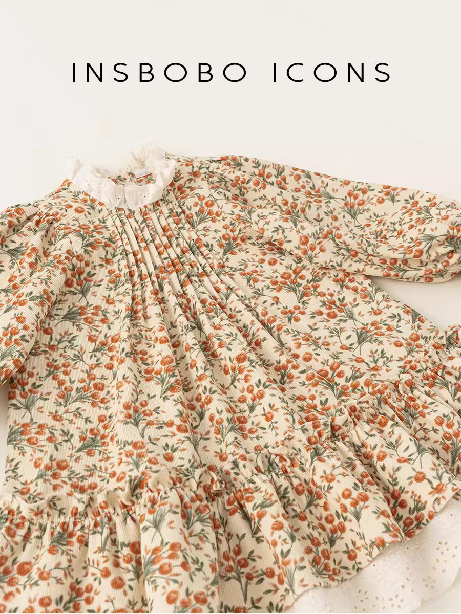 Váy bé gái INSbobo, váy hoa trẻ em, kiểu mới thu 2024, váy công chúa bé gái thời trang, váy thu thời thượng