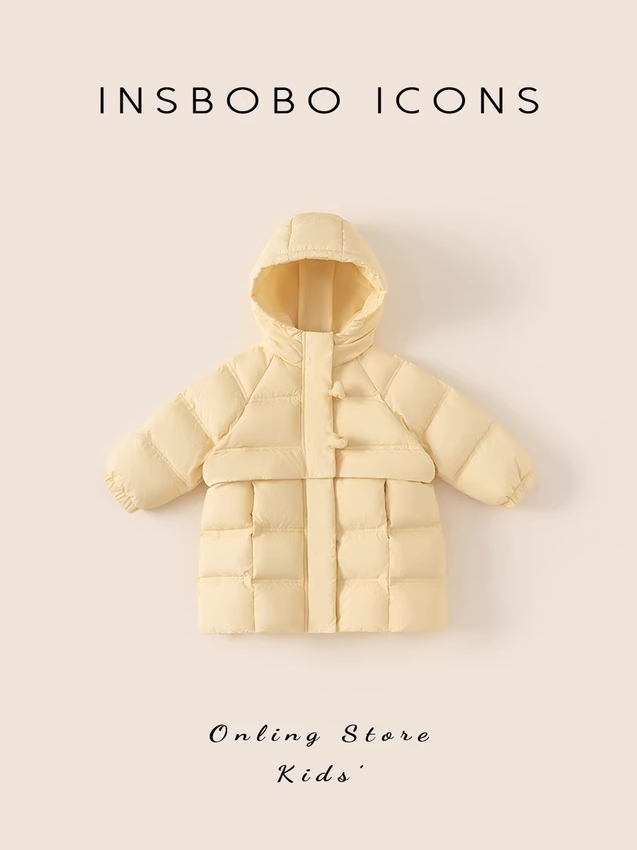 Áo khoác lông vũ INSbobo cho bé gái, mùa đông 90% lông vịt trắng, áo khoác lông vũ bảo vệ ba lớp cho trẻ em, kiểu dáng dài hợp thời trang