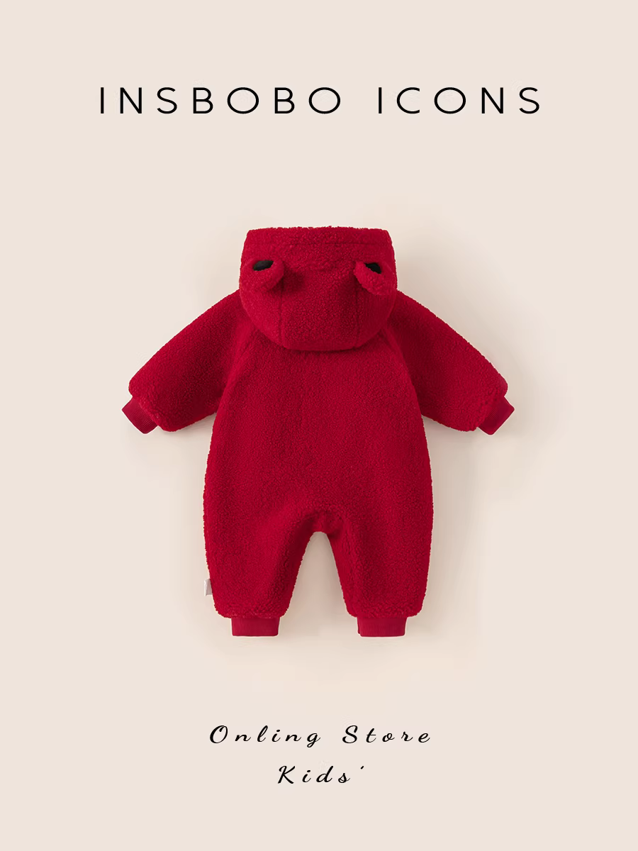 INSbobo quần áo mùa thu đông cho bé mùa đông mới cho bé áo liền quần lót lông cừu sơ sinh quần áo Giáng sinh màu đỏ