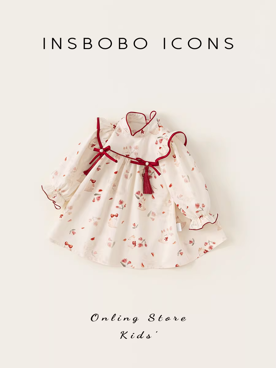 Váy bé gái INSbobo thu đông 2025 kiểu mới, váy hoa bé gái, váy hanfu Trung Quốc cho bé gái