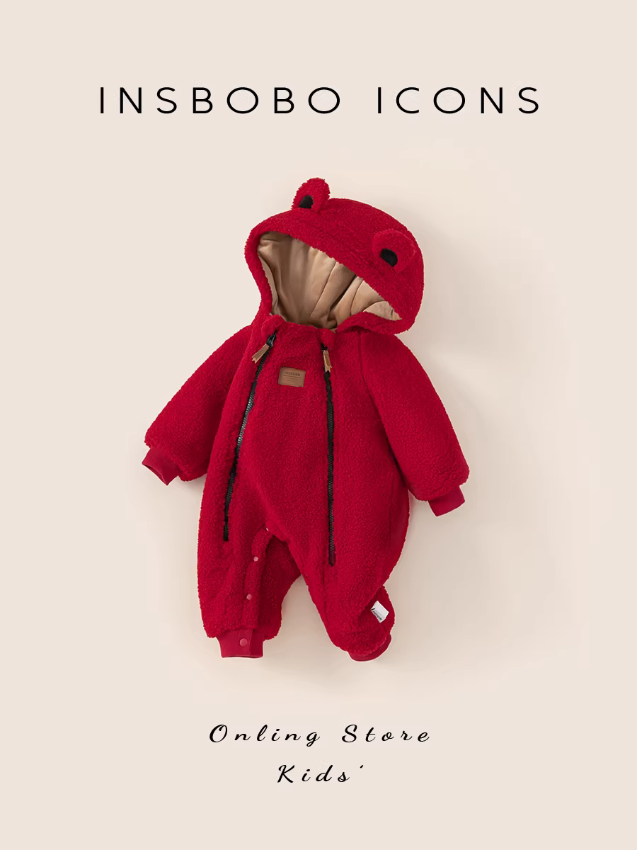 INSbobo quần áo mùa thu đông cho bé mùa đông mới cho bé áo liền quần lót lông cừu sơ sinh quần áo Giáng sinh màu đỏ