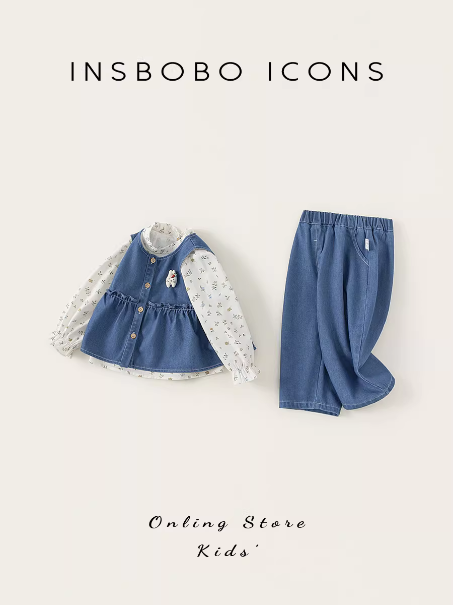 Bộ trang phục thu đông INSbobo cho bé gái 2025, áo dài tay trẻ em mới, bộ ba món chất liệu denim cho bé gái