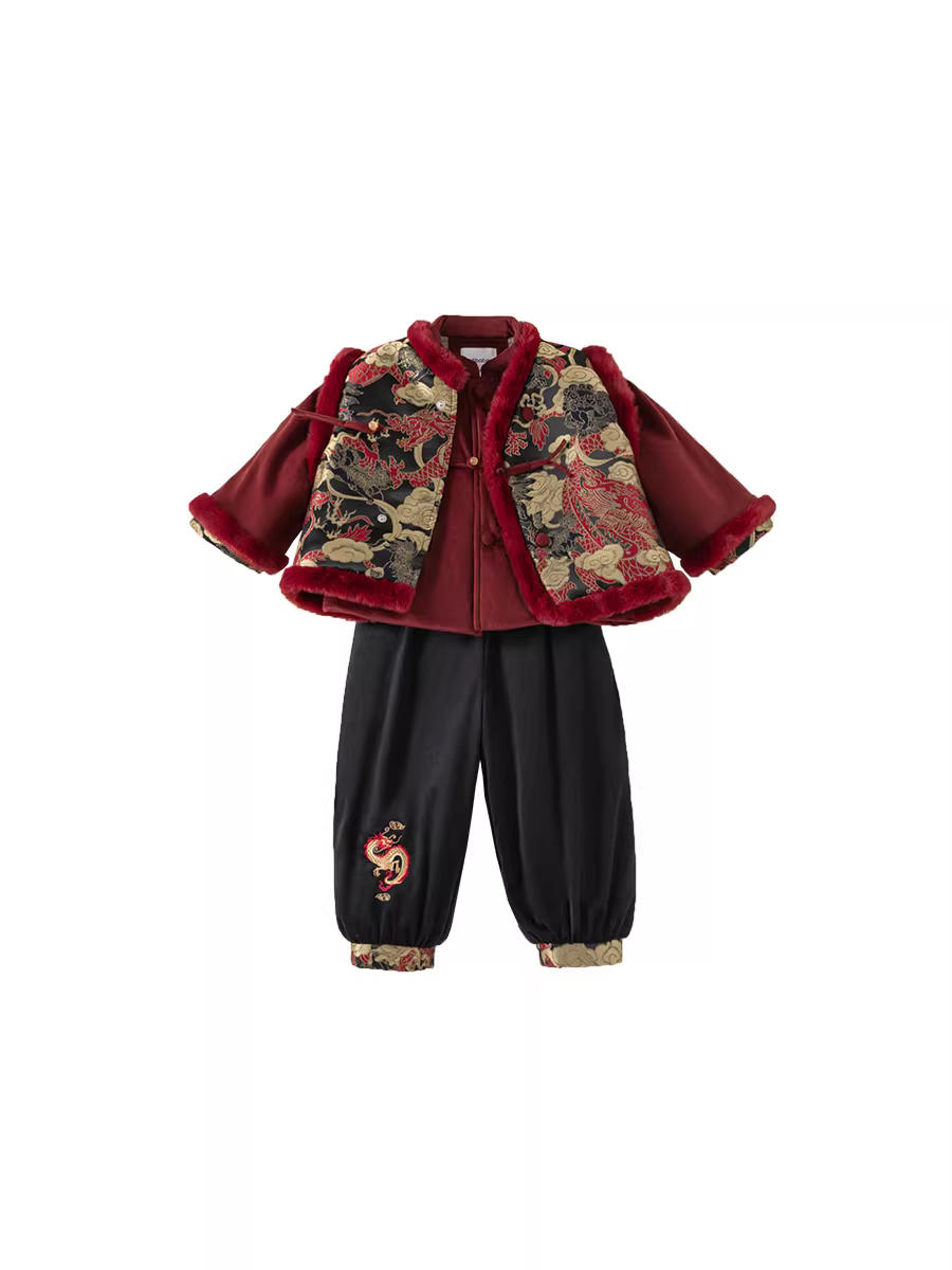 Trang phục lễ nghi của bé trai một tuổi Hanfu, trang phục truyền thống của bé trai, quần áo trẻ em, bộ đồ Tang của bé gái, quần áo mùa đông màu đỏ theo phong cách Trung Quốc mới