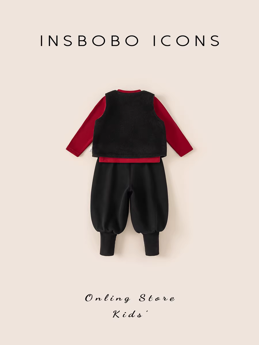 Trang phục Tết Hanfu cho bé trai INSbobo một tuổi, mùa đông 2025, kiểu áo Tang mới, lót lông cừu, màu đỏ thời trang