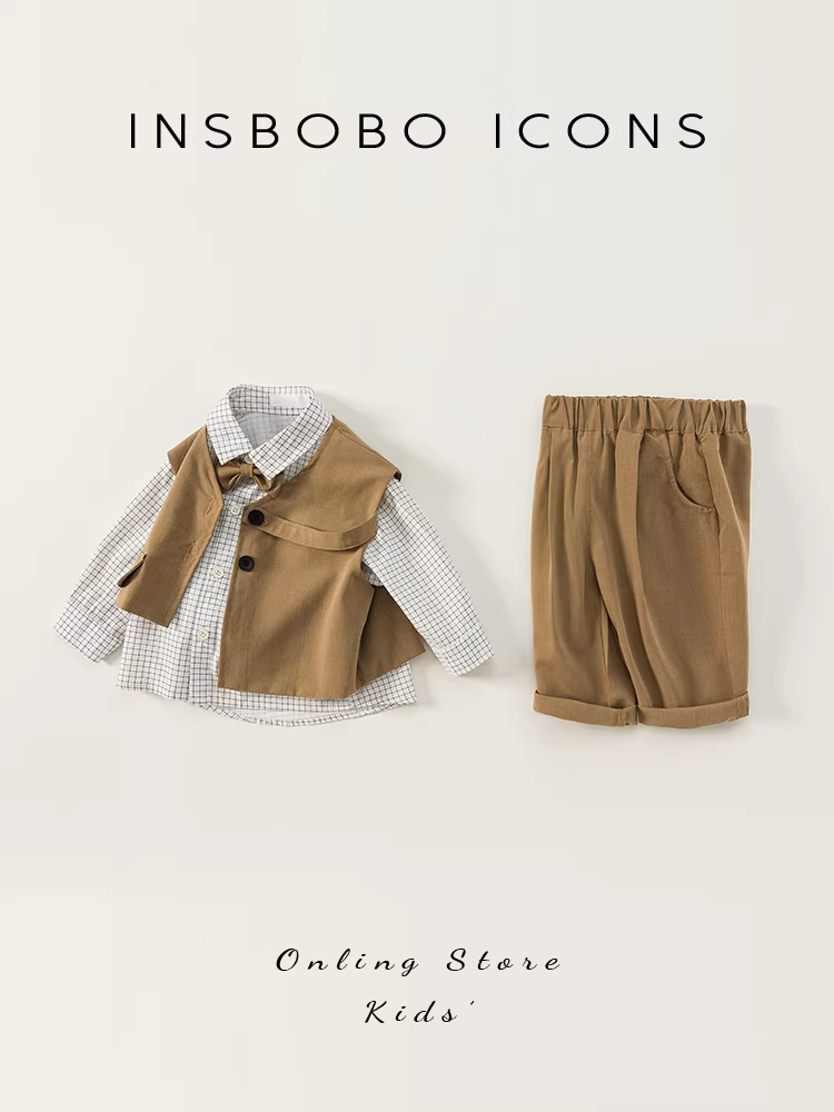 Bộ trang phục ba món mùa thu cho bé trai, bộ đồ sinh nhật đầu tiên sành điệu cho trẻ một tuổi, phong cách quý ông Anh cho mùa xuân và mùa thu.