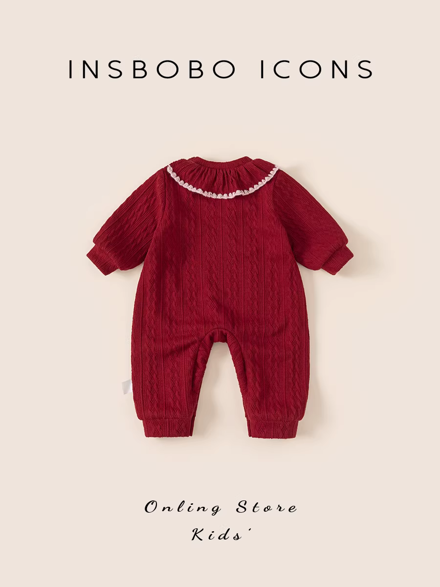 Quần áo trẻ em INSbobo mùa đông 2025 kiểu mới, bộ liền thân lót lông cừu cho bé gái, đầm bé gái một tuổi màu đỏ thời trang