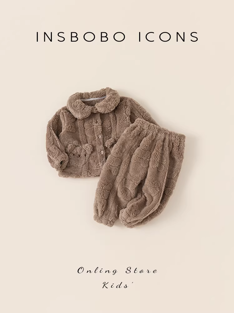 Bộ đồ ngủ trẻ em thu đông, bộ đồ ngủ bé gái, đồ mặc nhà bé trai, mẫu mới 2025, chất liệu lông cừu, giữ ấm