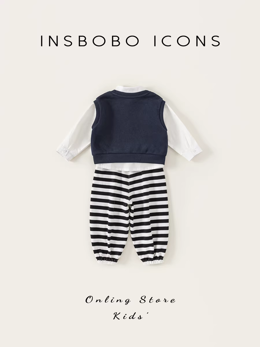Bộ vest bé trai INSbobo thu đông 2025, bộ ba gồm áo vest, quần và áo sơ mi, thời trang trẻ em xuân thu