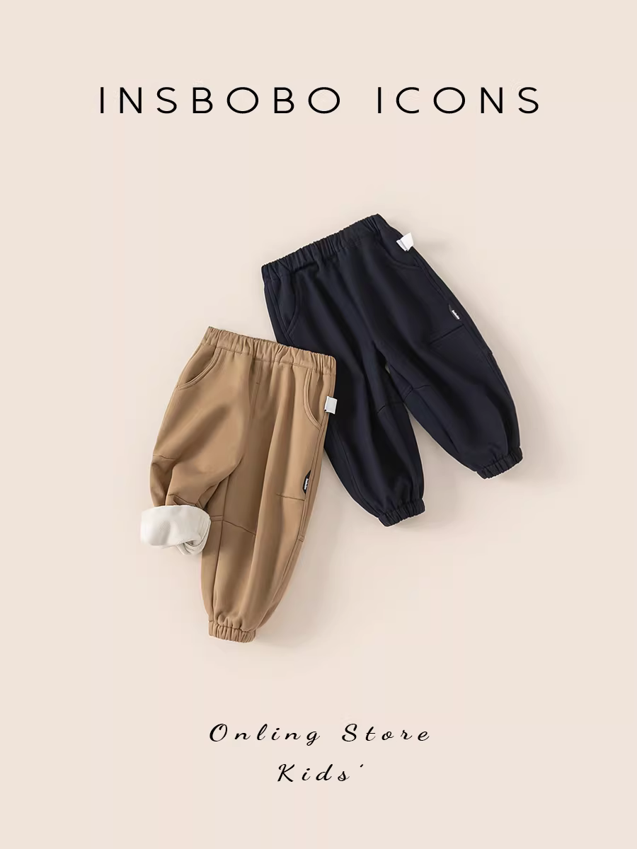 Quần jogger bé trai INSbobo thu đông 2025, quần dài giữ ấm lót lông cừu, quần dài mùa đông bé gái, quần áo mùa đông trẻ em