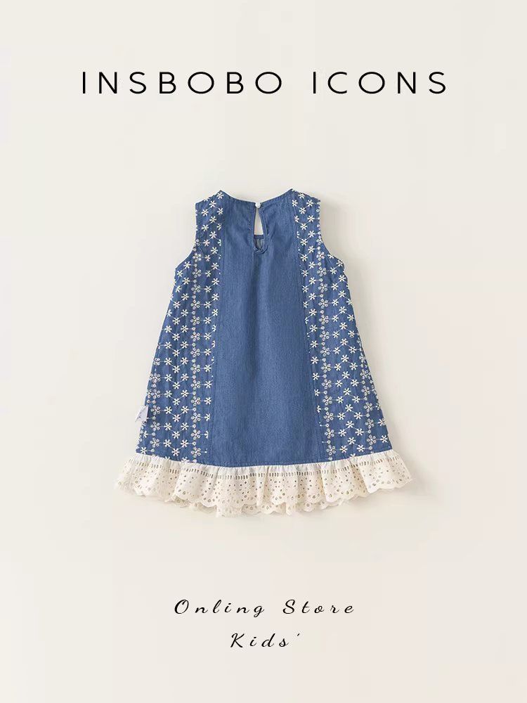 Váy bé gái INSbobo kiểu dáng thanh lịch, ren, mùa hè 2024, mới, tươi tắn, thêu, váy công chúa cho bé gái