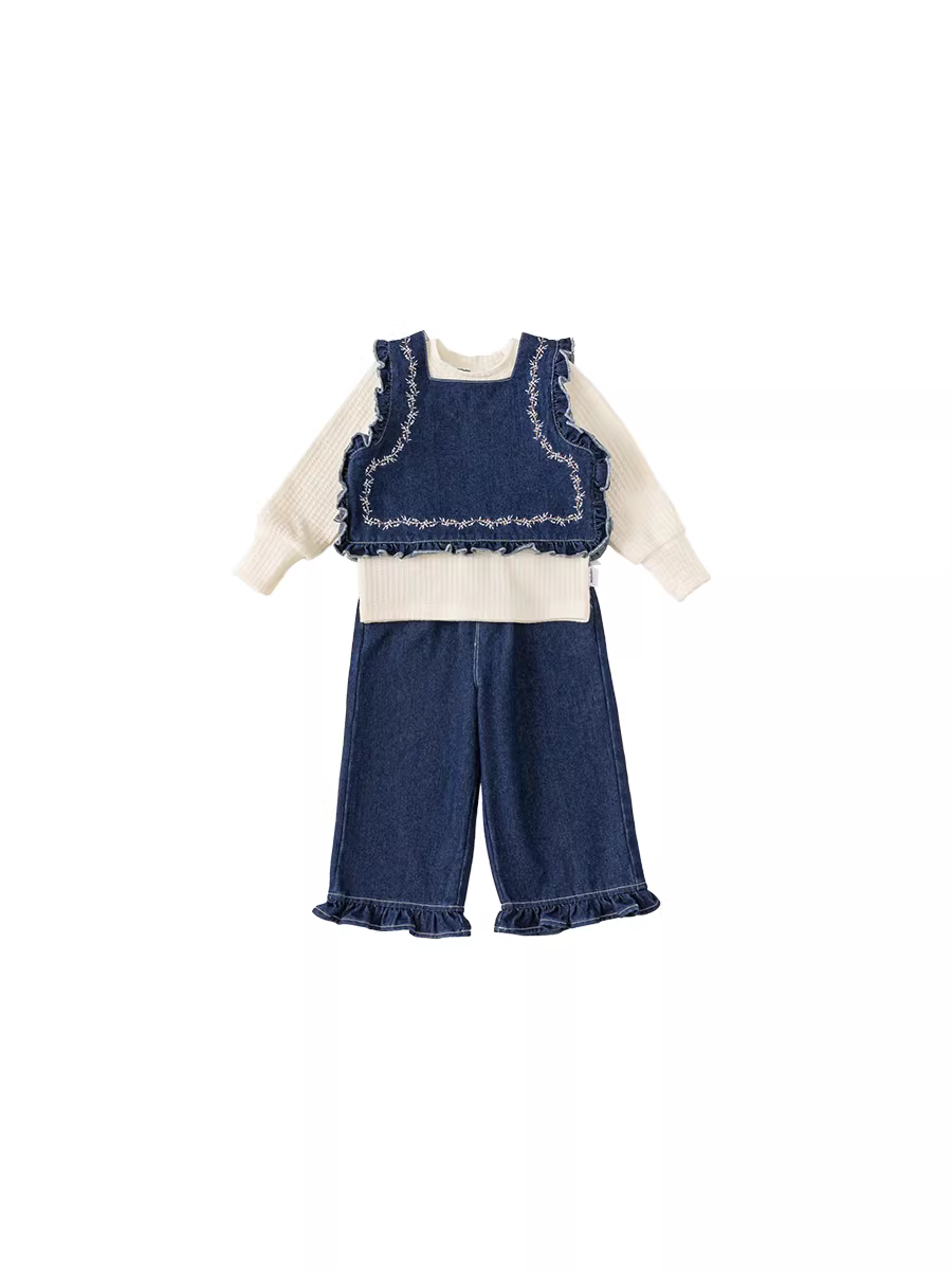 Bộ đồ nữ INSbobo thu đông 2025, thời trang, chất liệu denim, gồm ba món, dành cho bé gái.