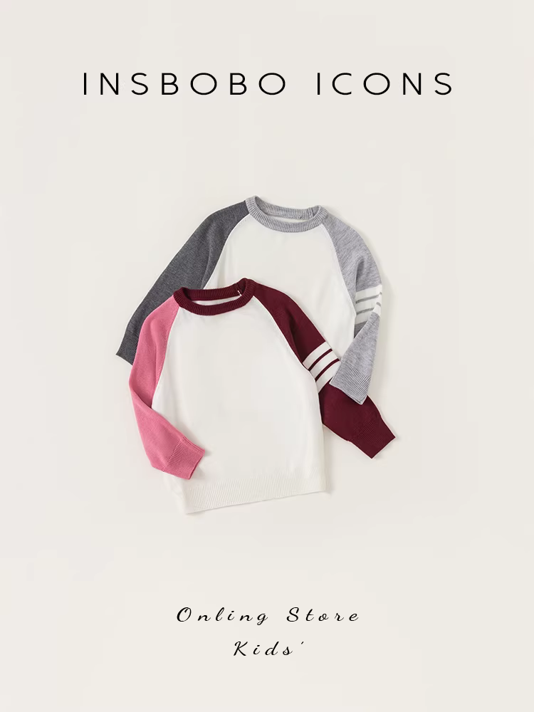 Áo len phối màu INSbobo bé yêu, kiểu mới xuân thu 2025, áo len tay raglan cho bé gái, áo len chui đầu cho bé trai