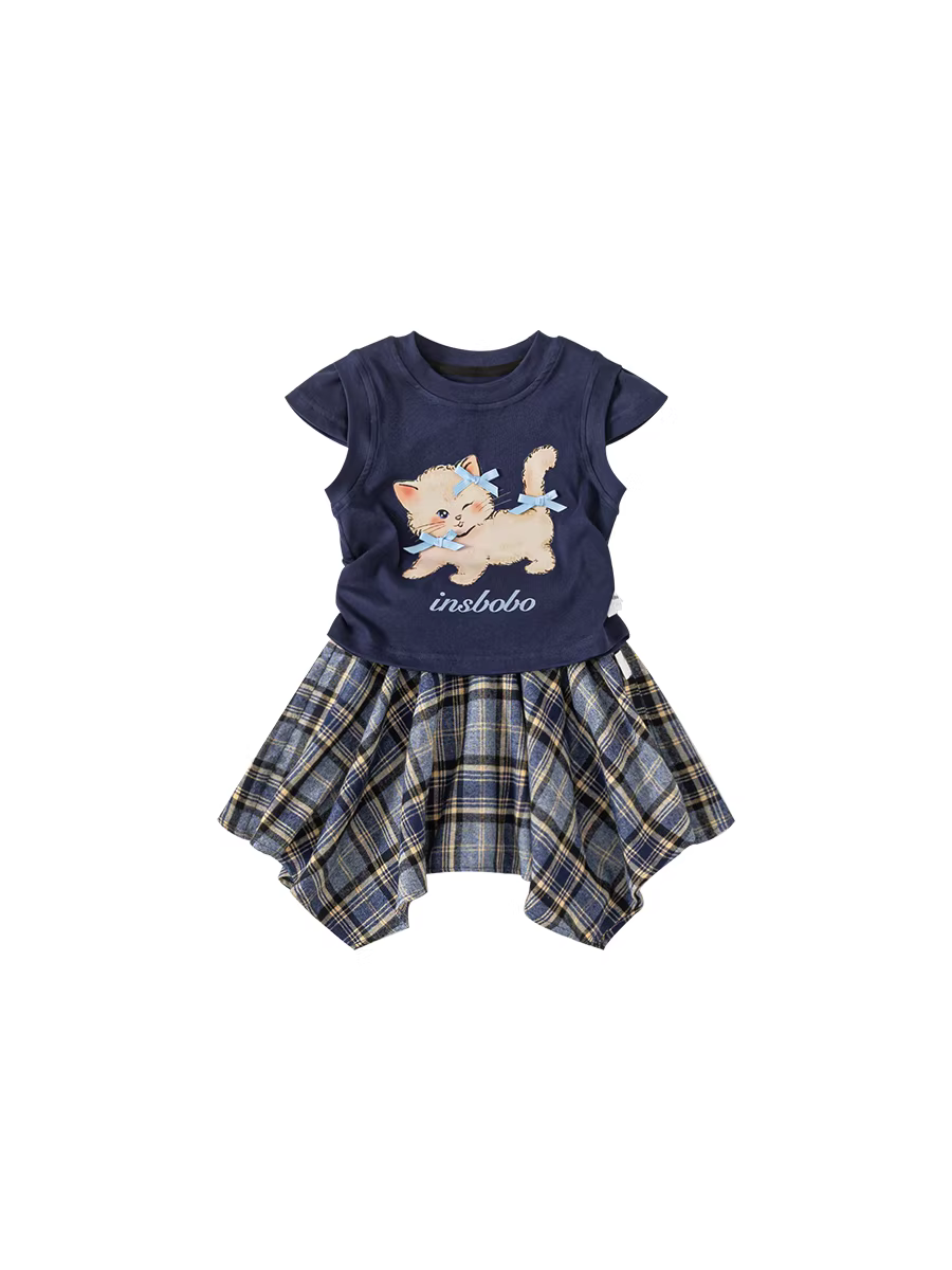 Bộ trang phục INSbobo cho bé gái mùa thu 2025, thiết kế thời trang hai mảnh, đầm trẻ em, thời trang mùa thu