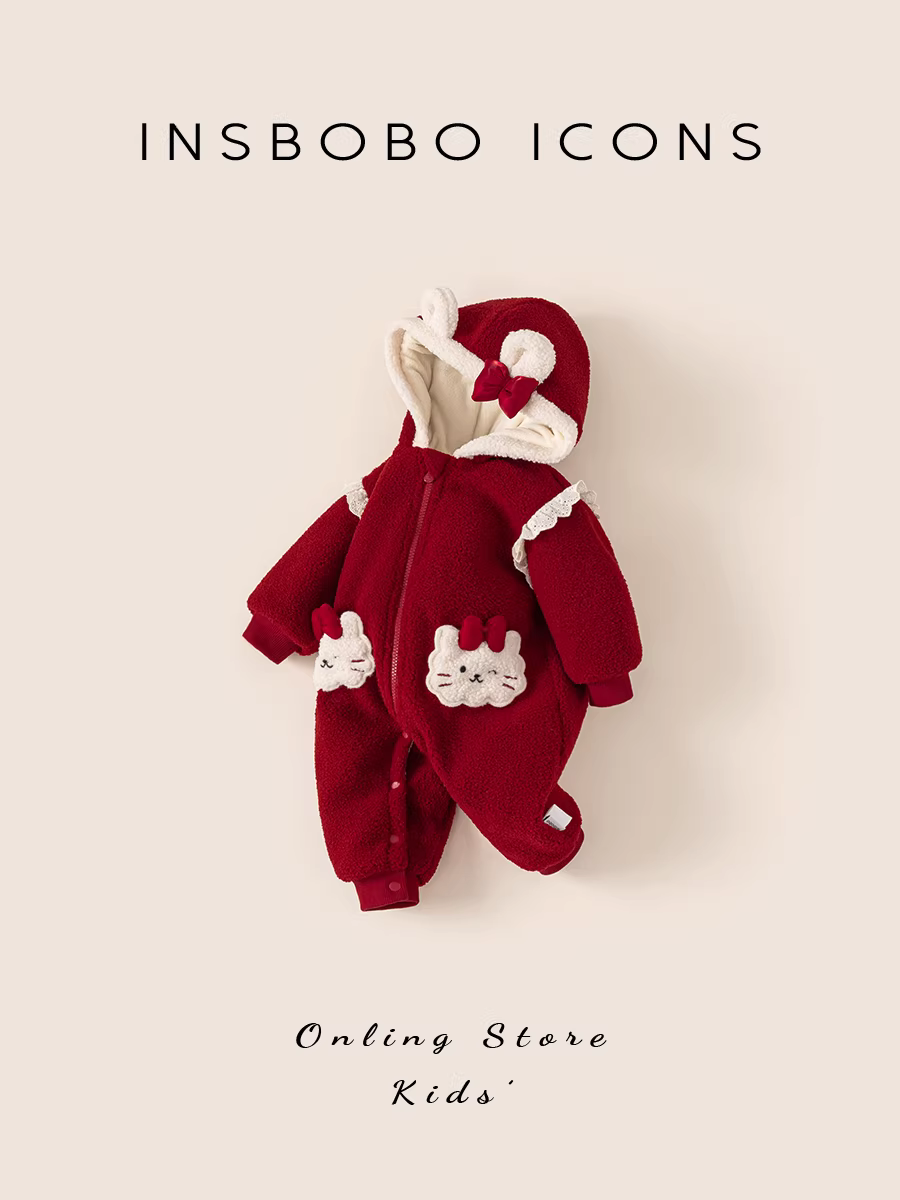 Quần áo bé INSbobo thu đông 2025 kiểu mới mùa đông, chất liệu lông cừu, bộ liền thân bé gái, quần áo mùa đông