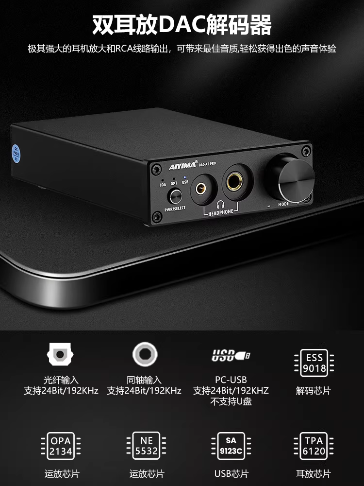 AIYIMA/Ai Yinman DAC-A5PR0 bộ khuếch đại kênh đôi audiophile HiFi bộ giải mã không mất dữ liệu đồng trục cáp quang