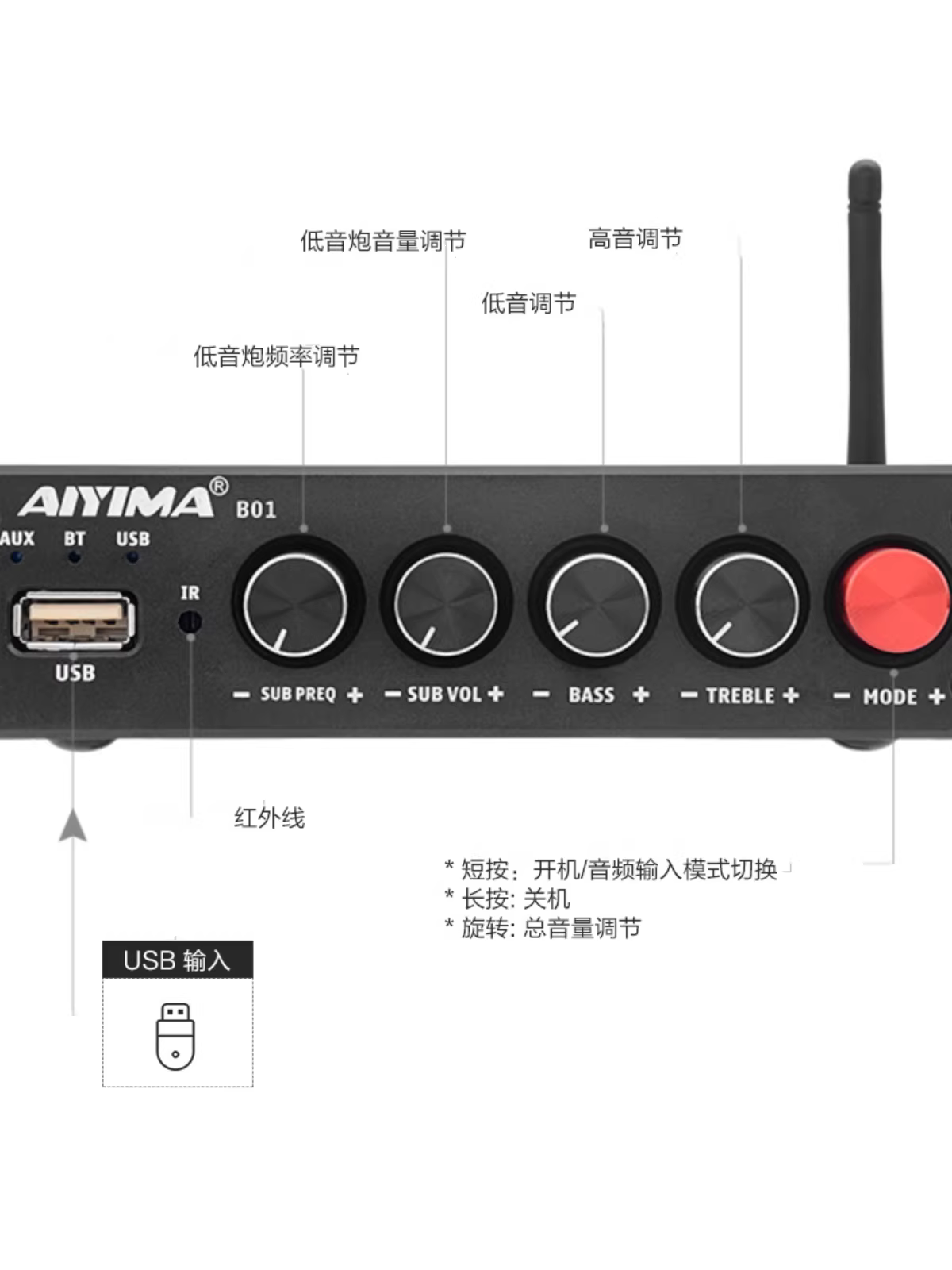 Amply Bluetooth 5.0 AIYIMA/Ai Yinman B01 tích hợp ổ USB, công suất 2*50W+100W, 2.1 HIFI