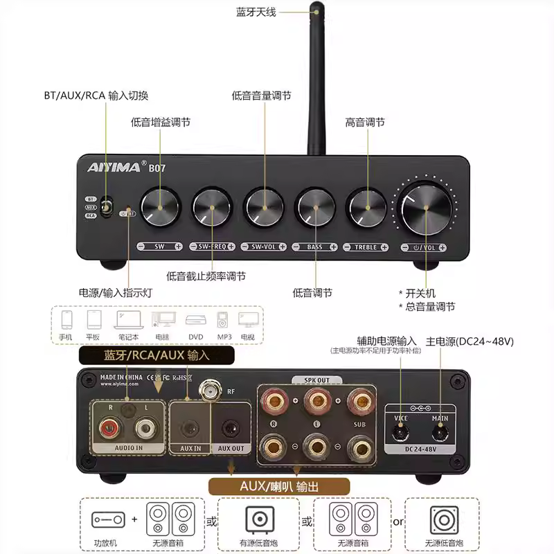 AIYIMA/Aiyinman B07 Bộ khuếch đại kỹ thuật số Bluetooth 2.1 Bộ khuếch đại loa siêu trầm công suất cao hifi