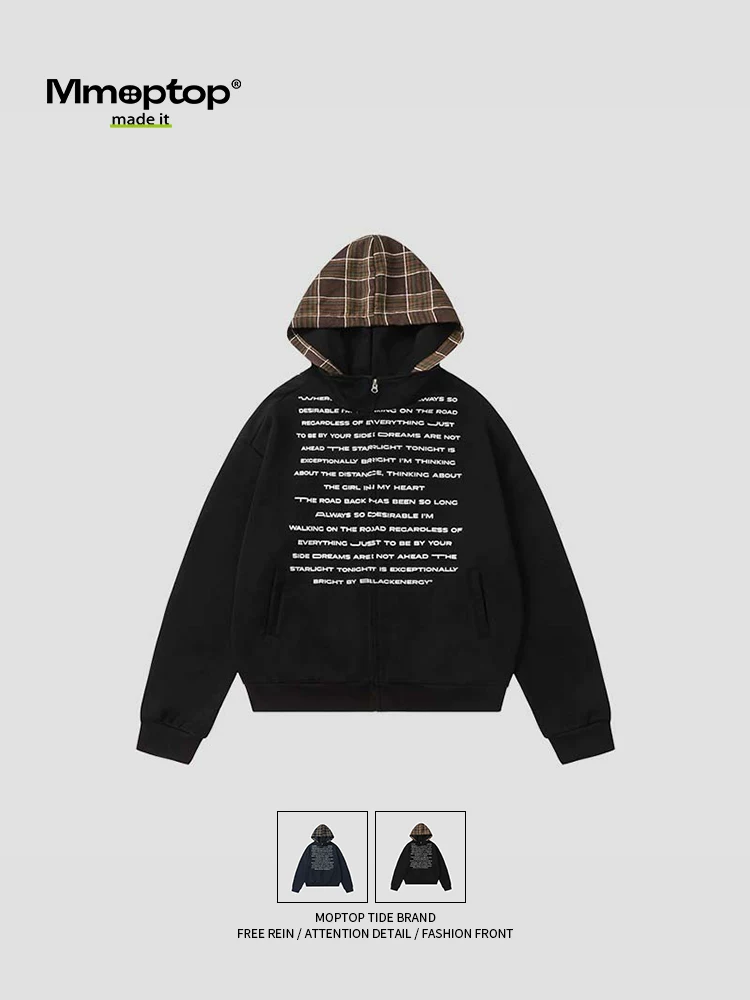 Áo khoác cardigan kiểu Mỹ mùa xuân Mmoptop2024 dành cho nam và nữ, áo khoác có mũ in chữ phong cách thường ngày mới