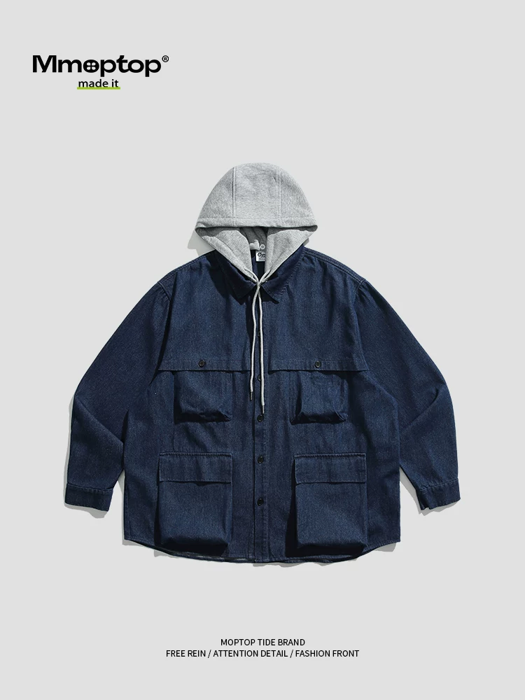 Mmoptop mùa thu đông mới áo khoác có mũ trùm đầu phong cách retro nam phong cách Mỹ hợp thời trang áo khoác denim dáng rộng giản dị dành cho nam