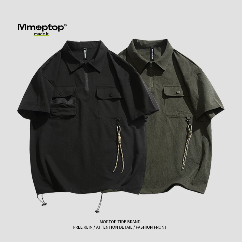Mmoptop Nhật Bản phong cách retro quần áo bảo hộ lao động ngắn tay áo sơ mi POLO nam mùa hè dáng rộng giản dị hợp thời trang thương hiệu áo thun nửa tay quần áo nam