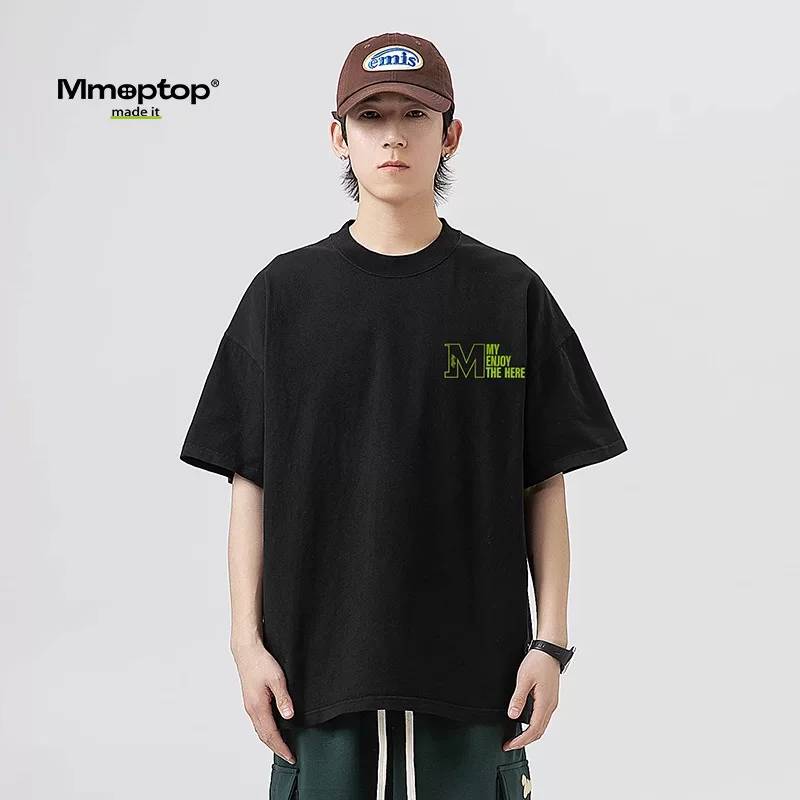 Mmoptop2024 Áo thun ngắn tay hạng nặng màu đen mới dành cho nam, áo sơ mi dáng rộng tay năm phần tư, hợp thời trang