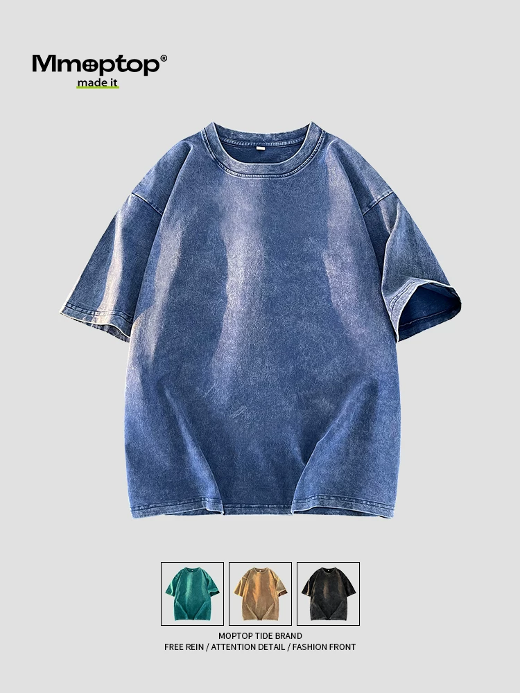 Áo thun ngắn tay chất liệu denim màu trơn phong cách Nhật Bản Mmoptop dành cho nam, áo thun nửa tay đa năng phong cách cổ điển mùa hè hợp thời trang
