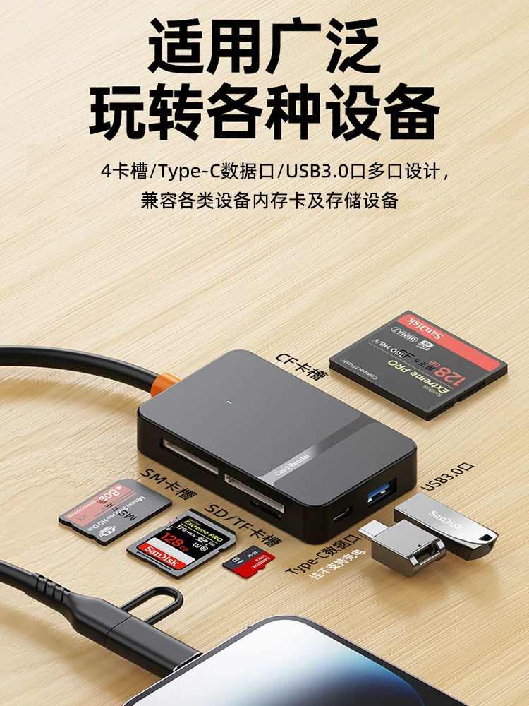 Đầu đọc thẻ đa năng cho thẻ nhớ CF/SD/MS/TF, Type-C, bộ chuyển đổi USB 3.0 tốc độ cao cho máy ảnh DSLR, bộ chuyển đổi đa chức năng cho điện thoại di động và máy tính, CCD ngoài, máy ảnh micro đơn, ổ flash USB và ổ cứng.