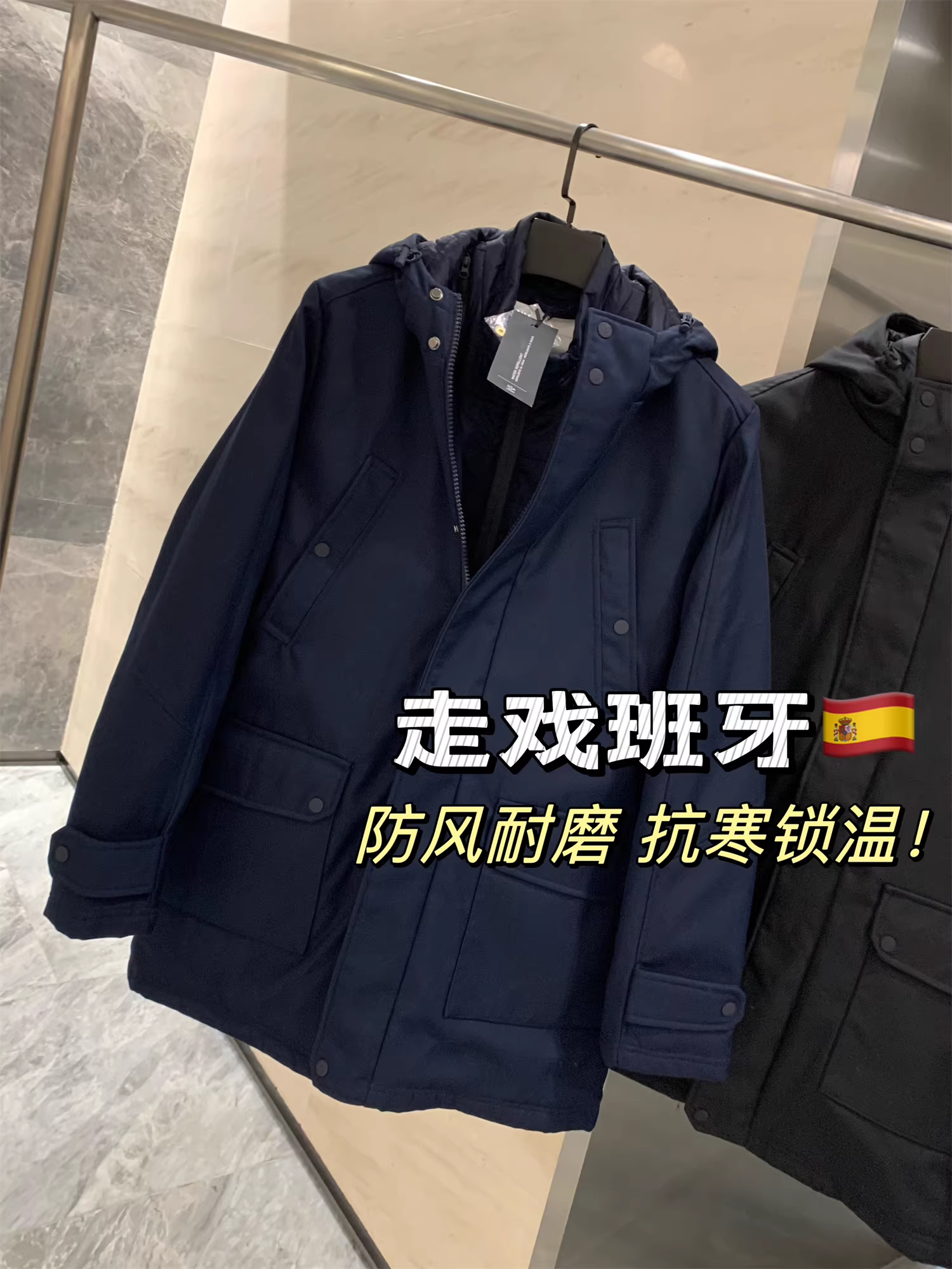 Don Quixote đến Tây Ban Nha! Chống mài mòn và ấm áp! Áo khoác parka có mũ trùm đầu bằng cotton, dài trung bình, dùng cho công việc ngoài trời mùa đông dành cho nam.