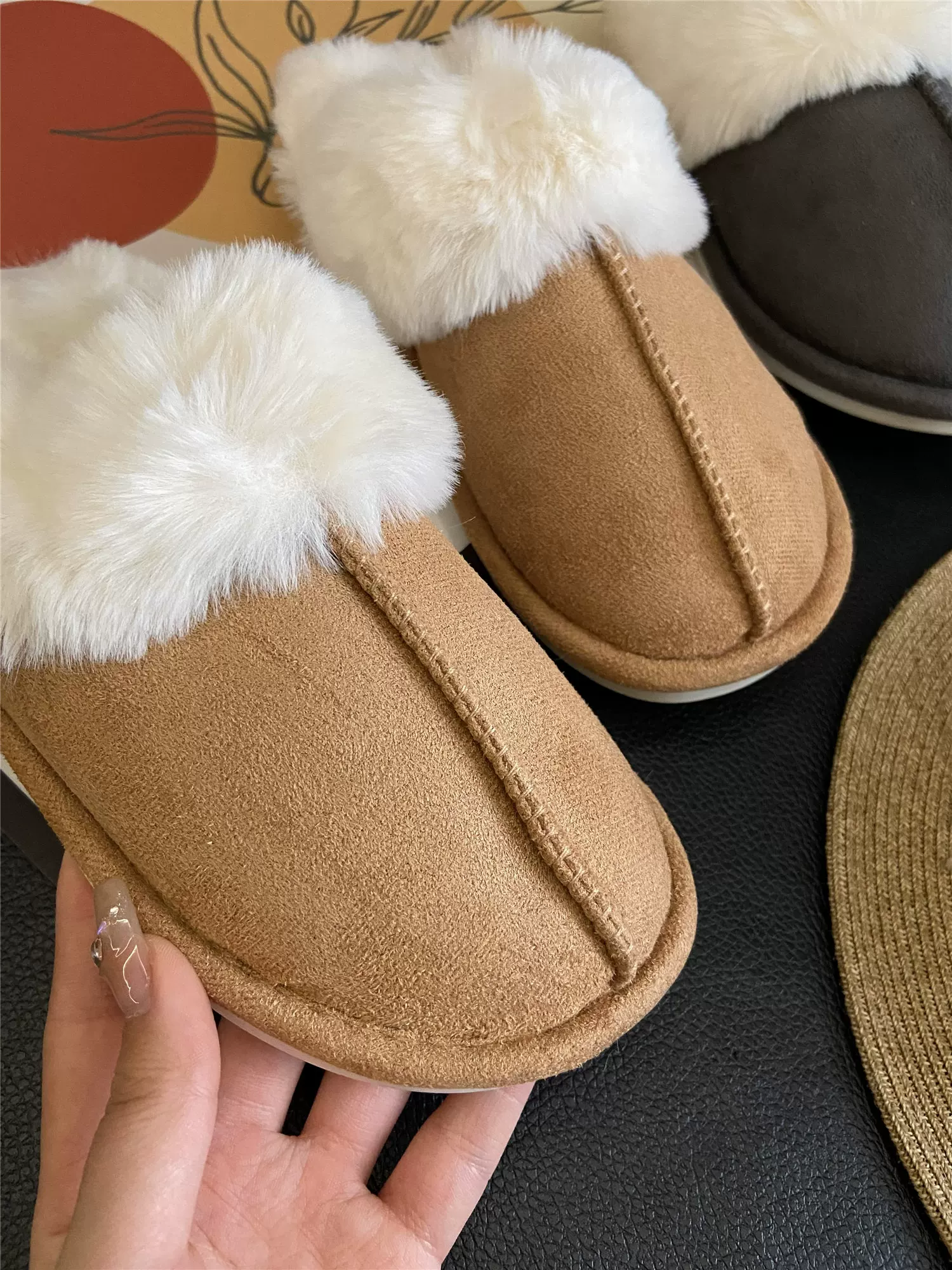 Don Quixote cổ điển đa năng ấm áp ~ có thể mang vào mùa thu đông dép lông thú giả tích hợp mũi kín giày cotton sang trọng