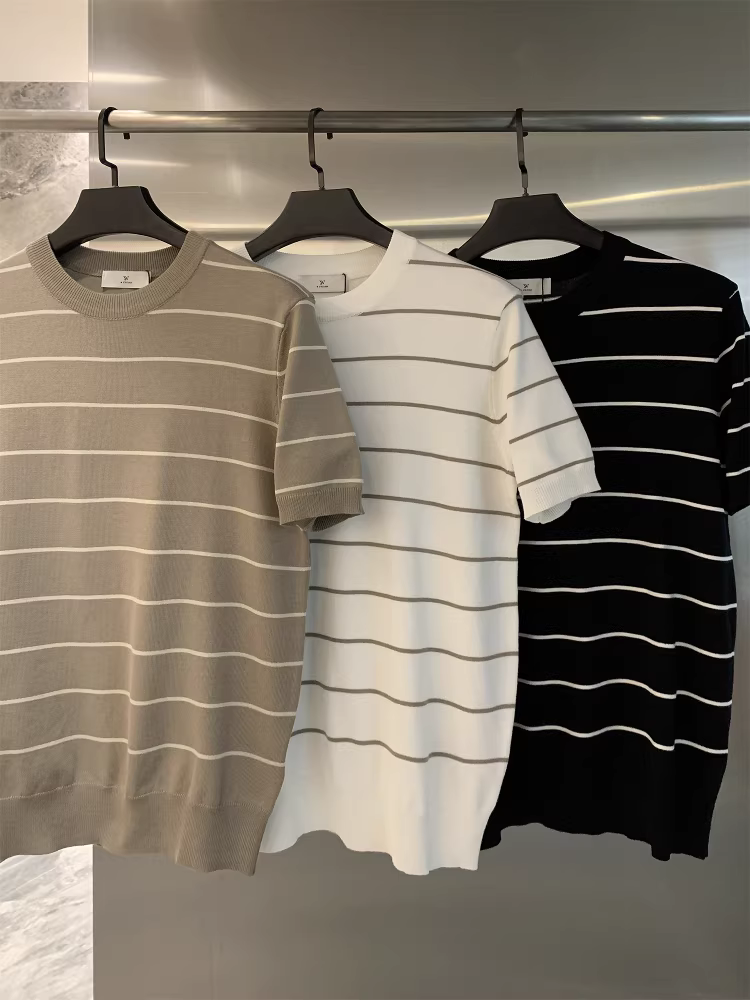 Áo sơ mi nam chất liệu dệt kim mềm mại, thoáng khí, co giãn, họa tiết sọc, kiểu dáng đơn giản, tay ngắn, chất liệu dệt kim cao cấp Don Quixote!