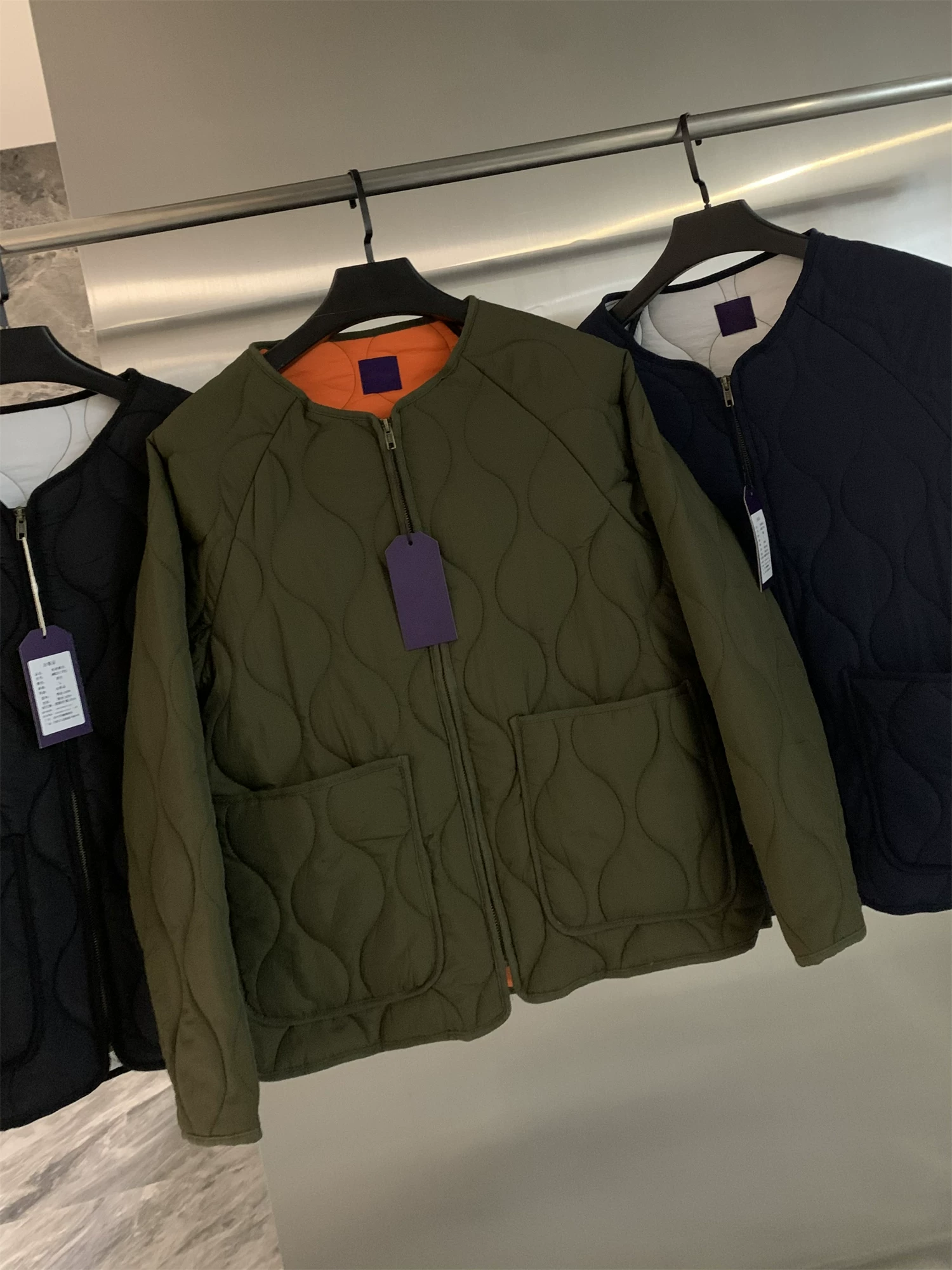 Don Quixote theo phong cách Nhật Bản! Áo khoác cotton không cổ kiểu dáng cổ điển hình quả bầu phong cách mùa thu đông.