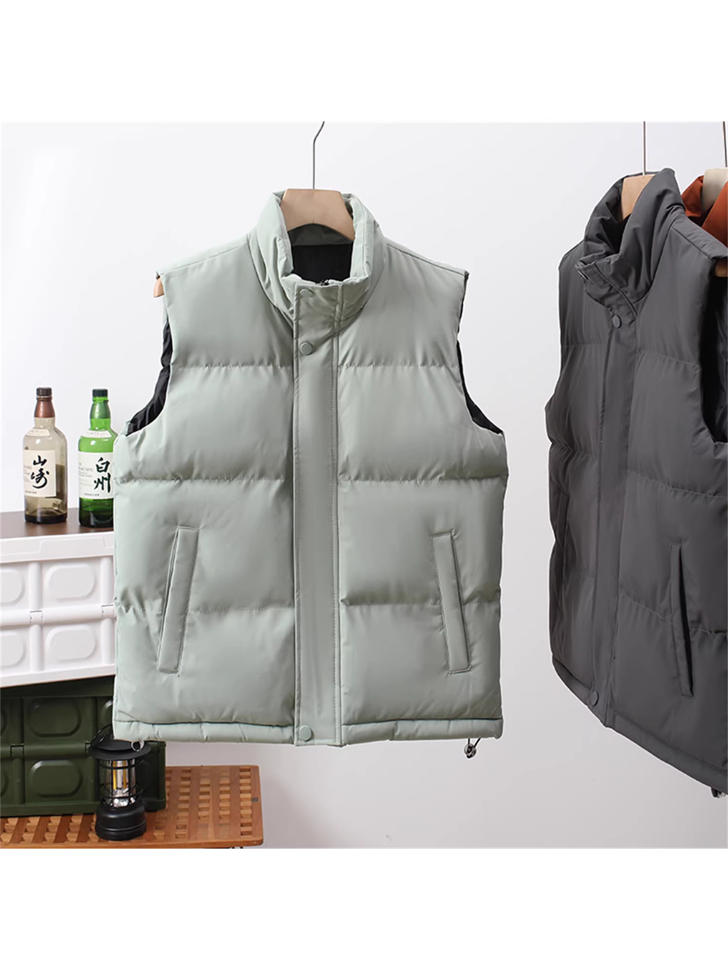 Phong cách cặp đôi Don Quixote! Áo khoác vest cotton thẳng đứng, cổ đứng, màu trơn, đa năng, ấm áp, unisex, mùa thu đông