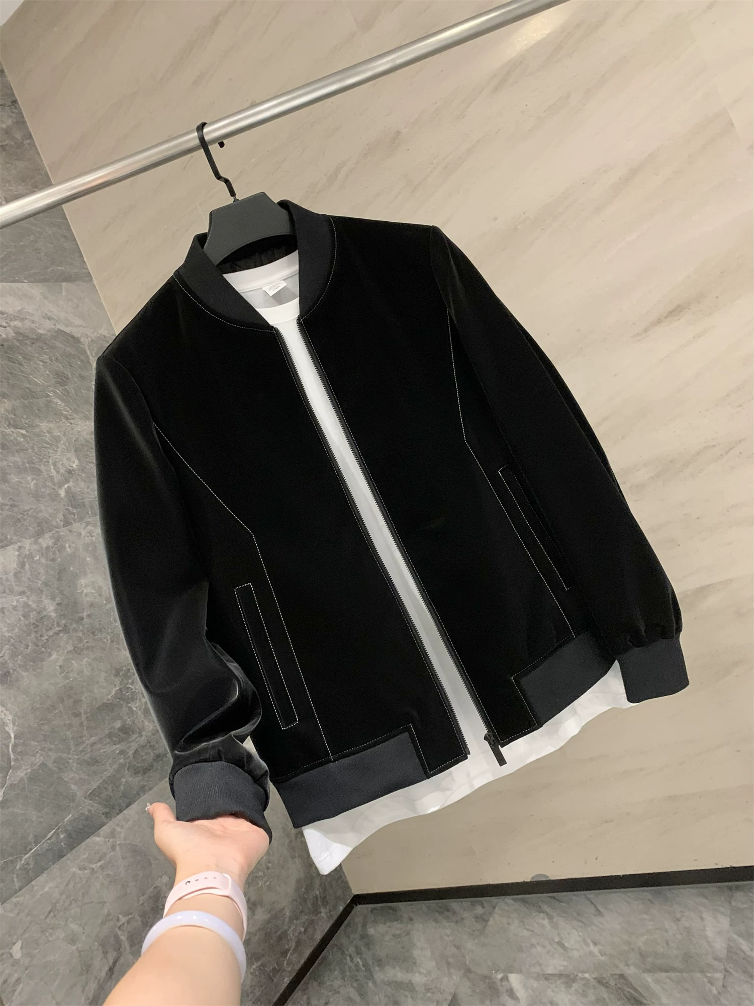 Don Quixote Offline 3K! Da cừu nhập khẩu! Áo khoác da cổ bóng chày màu đen phong cách doanh nhân.