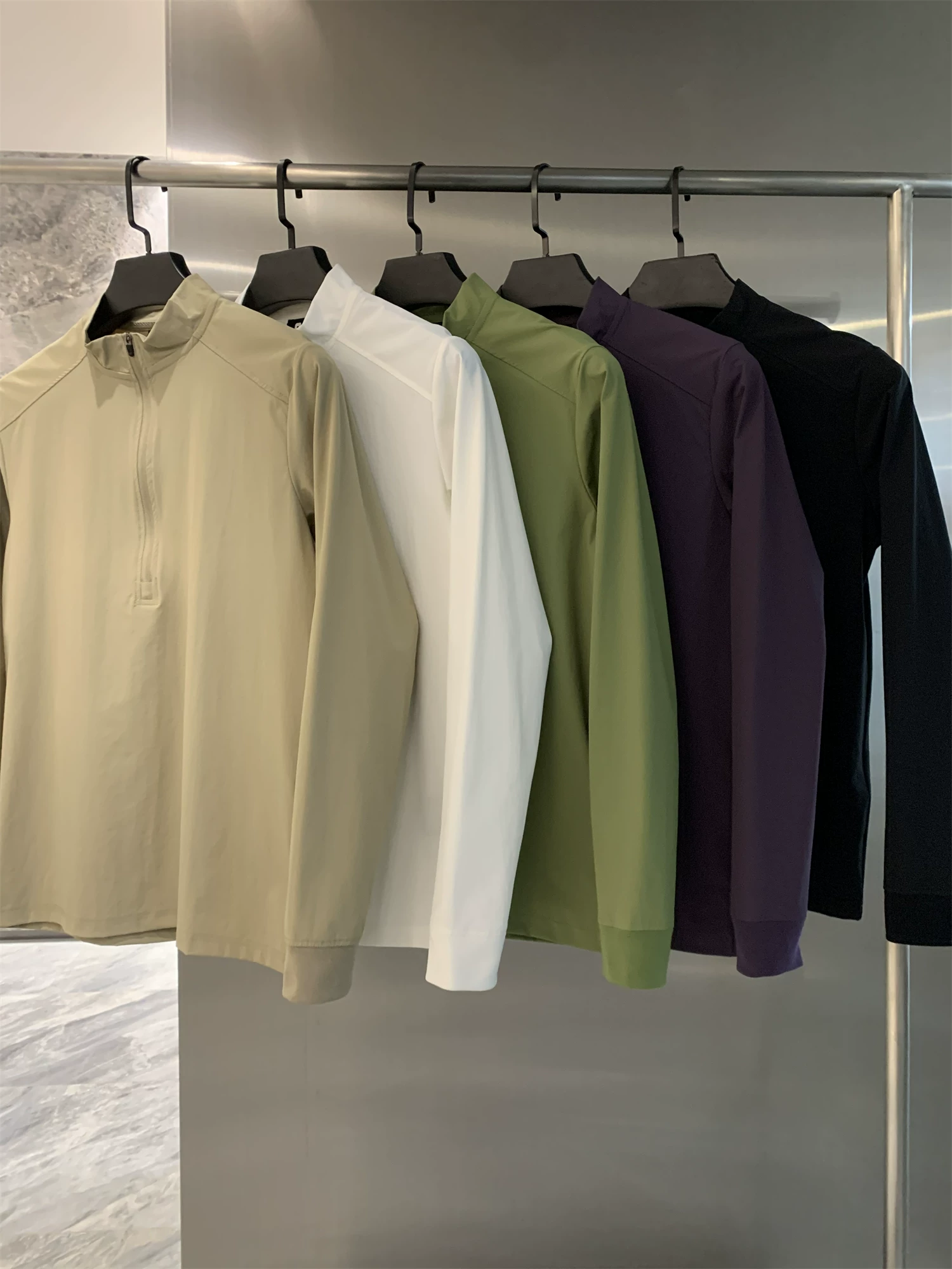 Áo thun nam Don Quixote Nhật Bản OEM! Chất liệu kẻ sọc! Áo nỉ nam mùa hè nhanh khô, thoáng khí, cổ đứng, nửa khóa kéo.