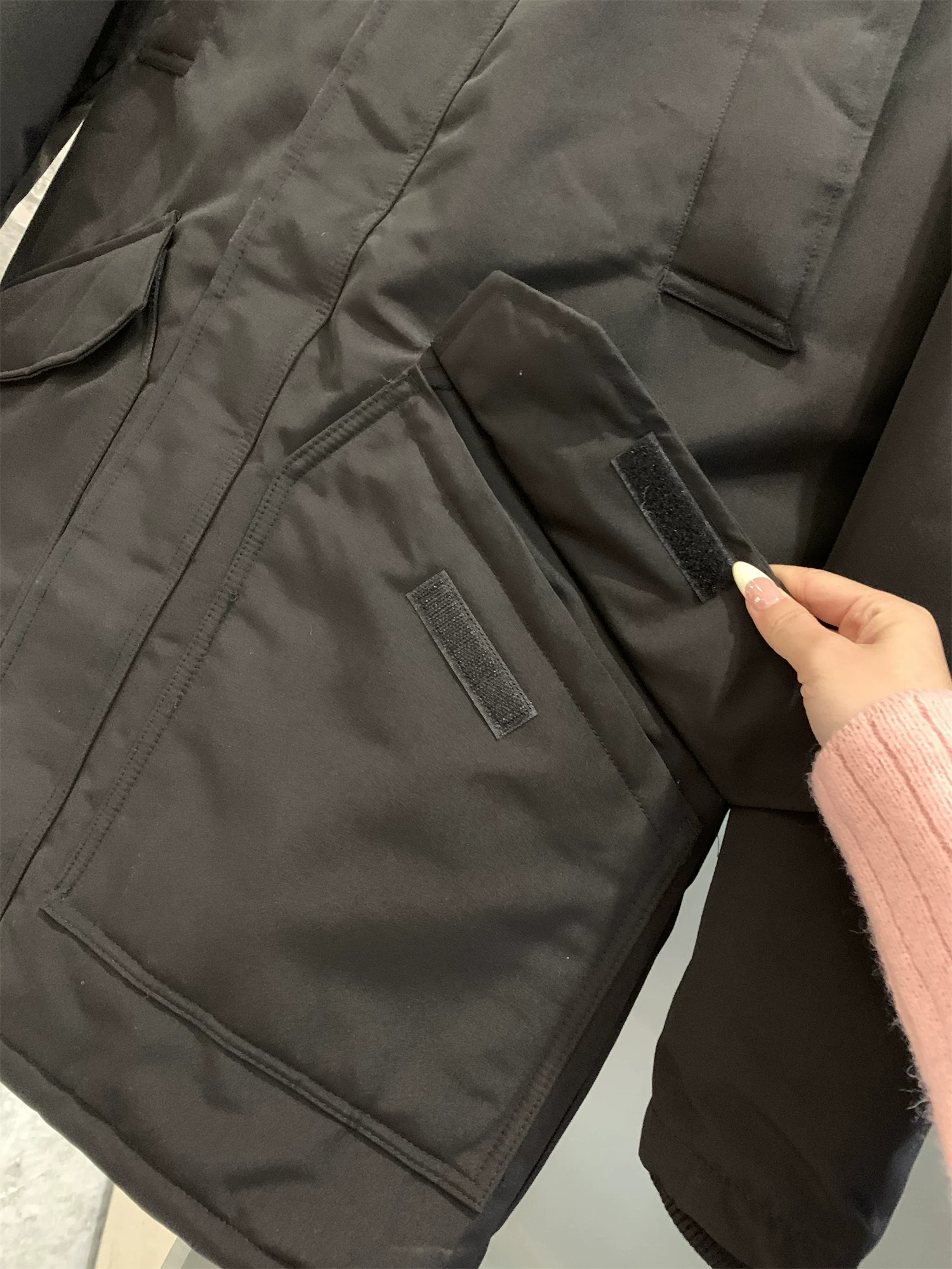 Don Quixote đến Tây Ban Nha! Áo khoác cotton dài vừa phải có cổ lông nhiều túi dành cho nam mùa đông, quần áo hợp thời trang chống gió và chống lạnh.