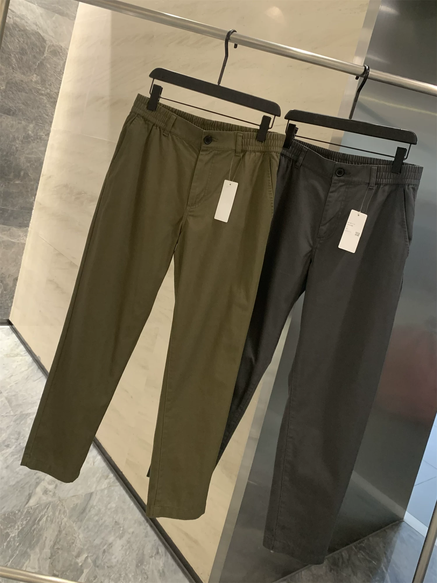 Don Quixote 100% cotton! Quá trình giặt bền chắc! Quần âu dáng thẳng lưng thun nửa phần, đa năng, phong cách thường ngày.