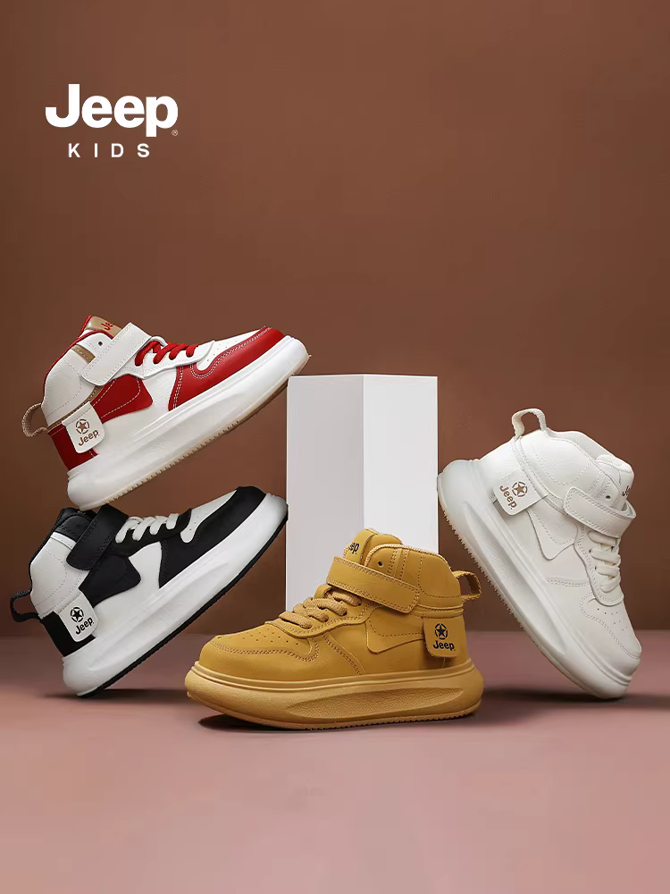 Giày thể thao cao cổ trẻ em Jeep, kiểu mới thu đông 2025, chất liệu da, khóa dán, giày trẻ em, giày trẻ em thường ngày