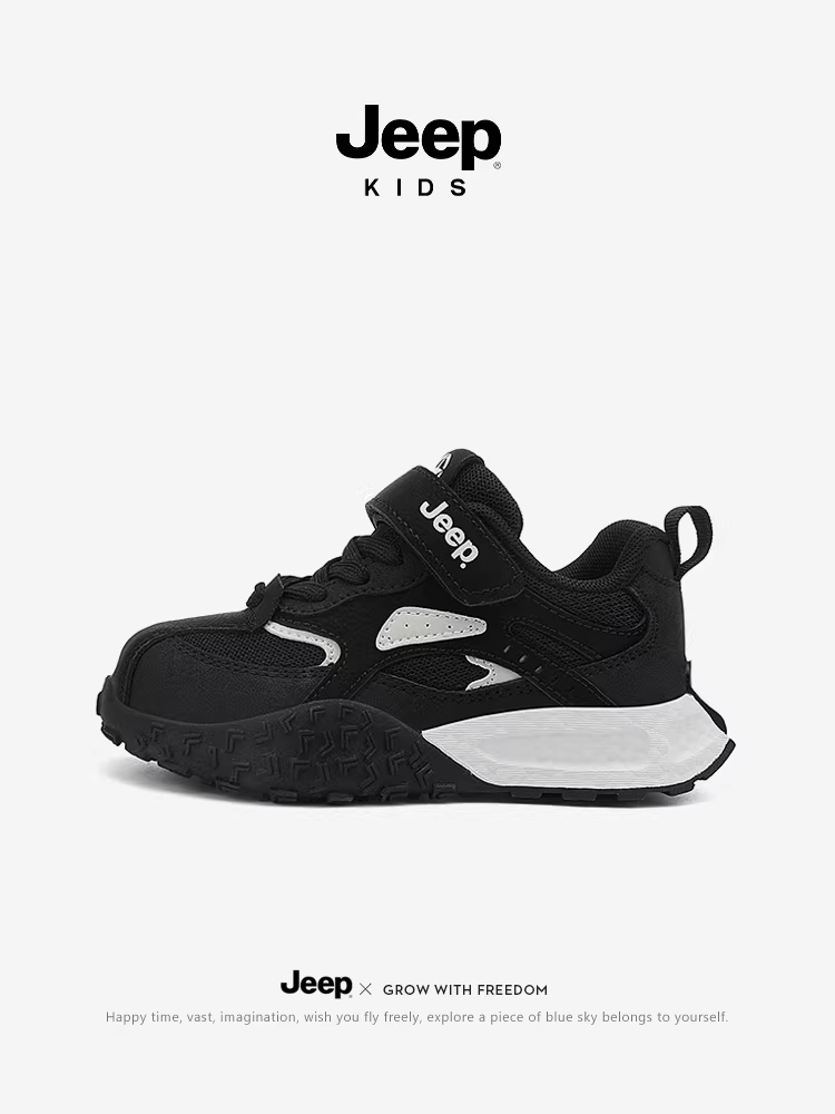 Giày thể thao màu đen dành cho bé trai Jeep có lưới và khóa dán, mẫu mới mùa thu 2025, giày trẻ em thông thường chống trượt dành cho bé trai.
