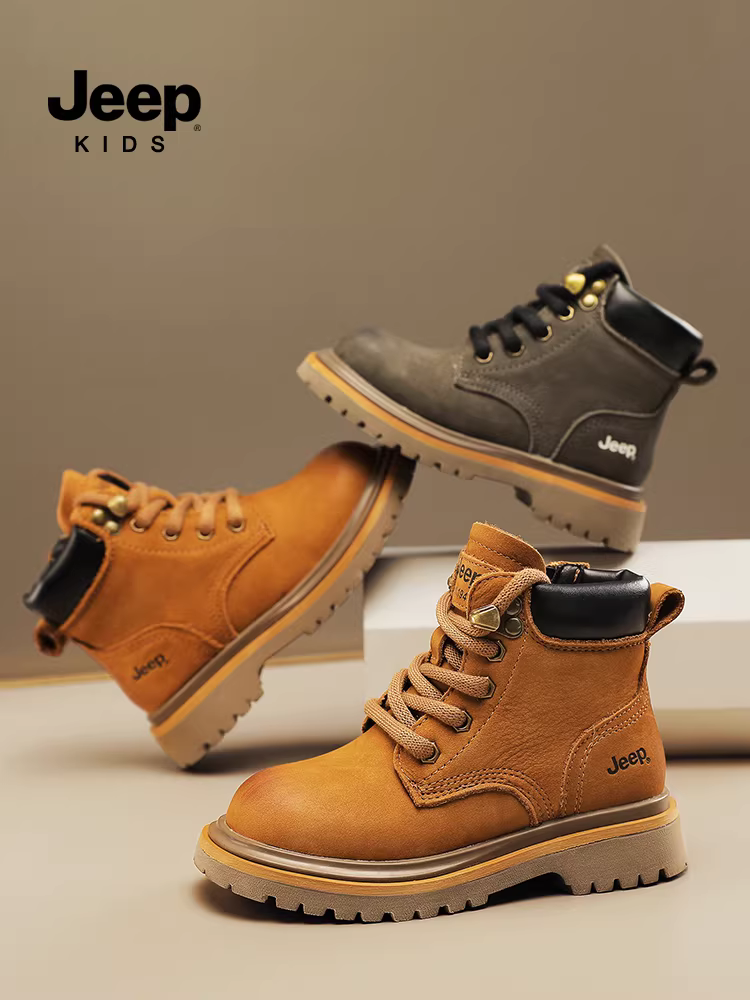 Giày bốt Martin da thật dành cho trẻ em của hãng Jeep, cotton hai lớp, bé trai và bé gái, kiểu thu đông 2025, bốt ngắn lót lông cừu, bốt da, bốt màu vàng.