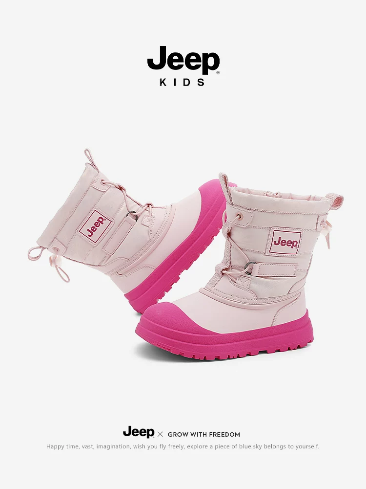 Giày bốt tuyết giữ ấm lông thú tích hợp cho bé gái Jeep, giày bông trẻ em mùa đông 2025 mới, chống thấm nước, cỡ lớn