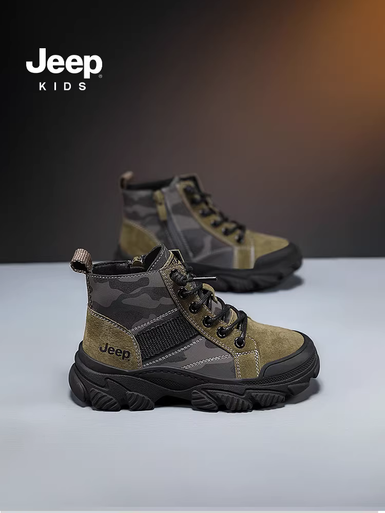Giày bốt trẻ em Jeep, bốt ngắn không thể phá hủy, giày đi bộ ngoài trời, bốt da mới mùa thu đông 2025, bốt bé trai