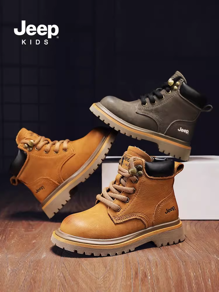 Giày bốt màu vàng cổ điển dành cho trẻ em Jeep Giày bốt da thật dành cho bé trai và bé gái Giày bốt ngắn chống thấm nước lót lông cừu mùa đông 2025