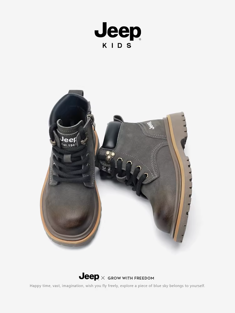 Giày bốt Martin lót lông mùa đông cho trẻ em Jeep, giày bốt màu vàng ấm áp, mẫu mới 2025, giày bốt thường ngày cho bé trai và bé gái lớn tuổi.