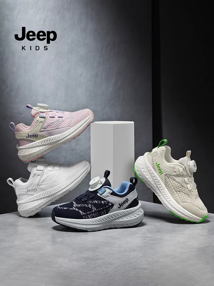 Giày thể thao trắng trẻ em Jeep mẫu mới xuân 2025 có khóa cài, giày chạy bộ nữ đế mềm lưới, giày trẻ em