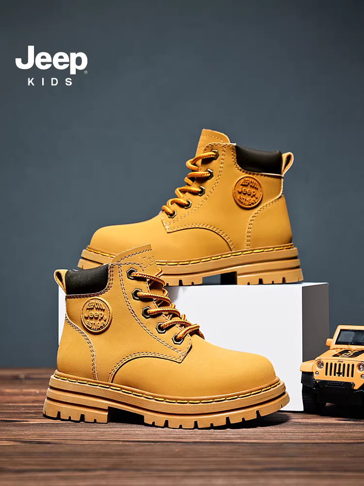 Giày bốt Jeep Martin trẻ em da thật mùa thu ngoài trời 2025 giày bốt da nữ mới đi bộ đường dài giày bốt màu vàng cho bé trai
