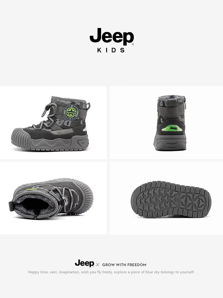Giày bốt trẻ em Jeep chống thấm nước, lót lông cừu, đế dày, giữ ấm mùa đông 2025, chống trơn trượt, dành cho bé trai.