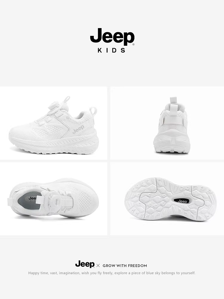 Giày thể thao trắng trẻ em Jeep mẫu mới xuân 2025 có khóa cài, giày chạy bộ nữ đế mềm lưới, giày trẻ em