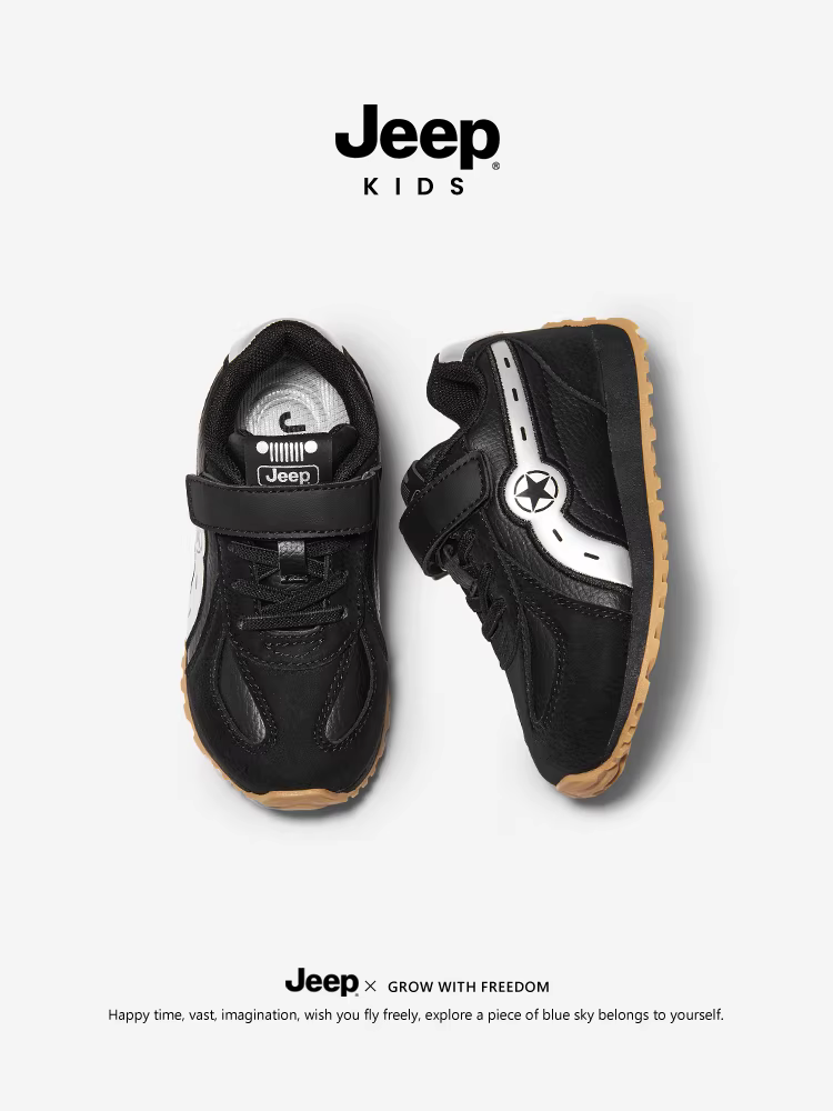 Giày thể thao trẻ em màu đen Jeep 2025 kiểu mới mùa thu, giày thể thao nam có khóa dán, giày chạy bộ đế mềm nữ